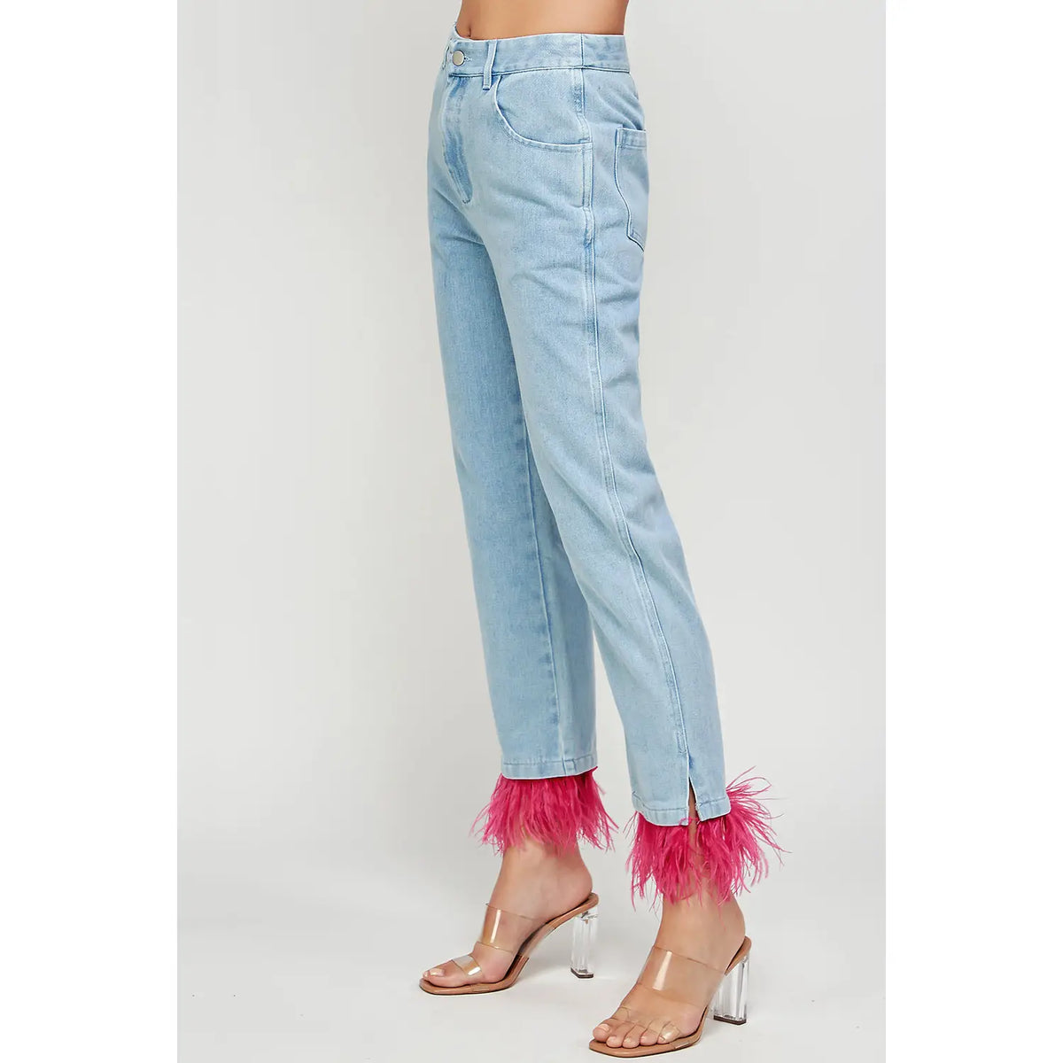 Feather Trim Ankle Denim Pants